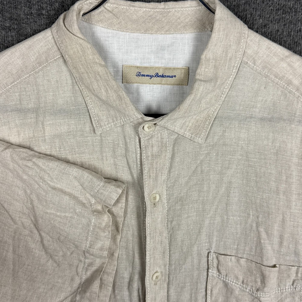 Tommy Bahama Shirt Mens Large Beige 100% Linen Short‎ Sleeve Button Summer Beach